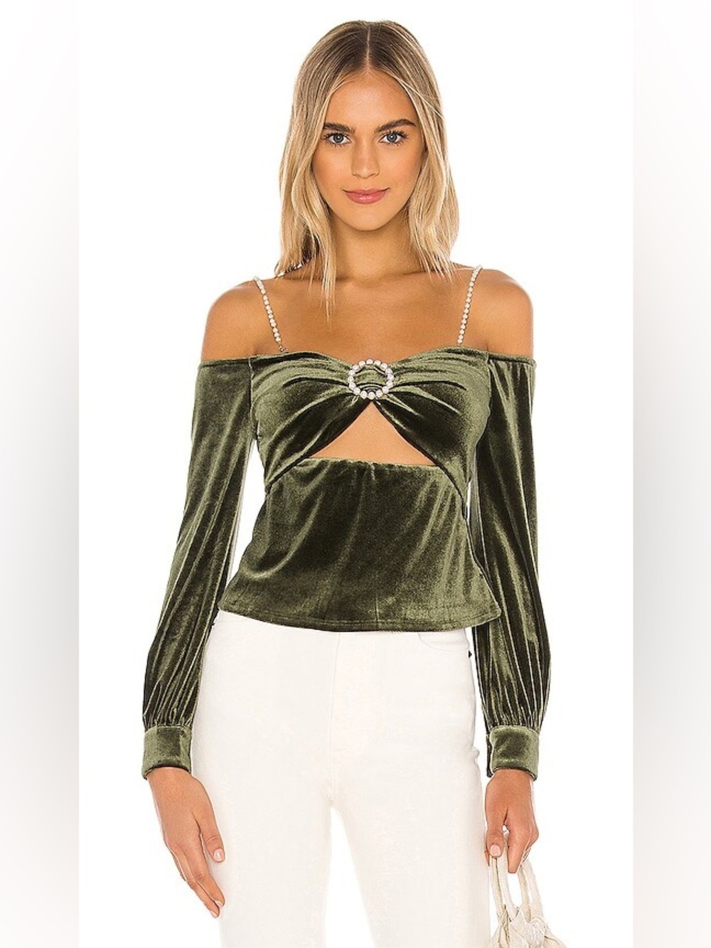 MAJORELLE Hazlet Velvet Off Shoulder Pearl Cut Out Top Size Small